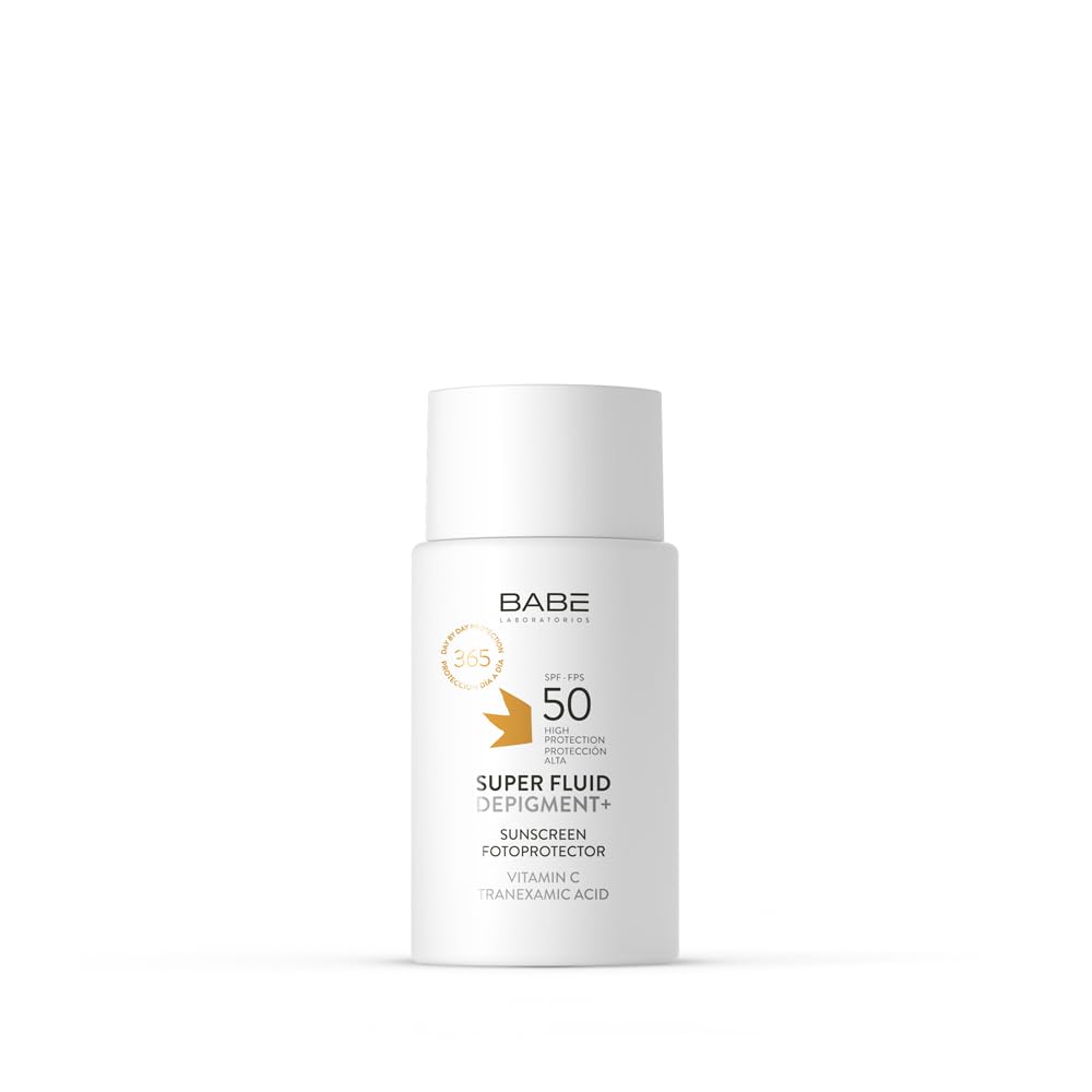 LABORATORIOS BABE Super Fluid Depigment+ front packaging showing SPF 50 and even-skin benefit
