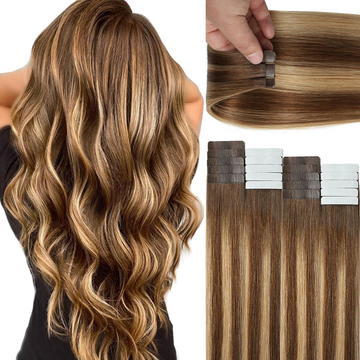 Lacer front packaging showing 16-inch caramel blonde tape-ins and benefit of ready-to-use