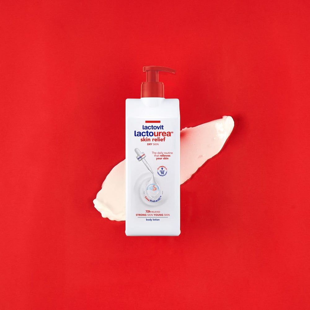 Lactovit on a bathroom shelf conveying everyday skincare convenience
