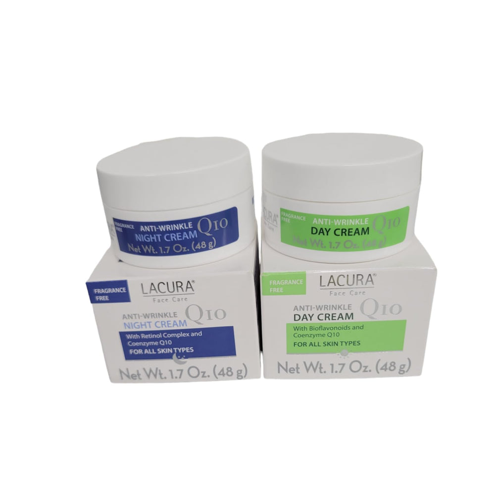 Lacura front packaging showing day and night cream jars, clear labeling, skincare set benefit