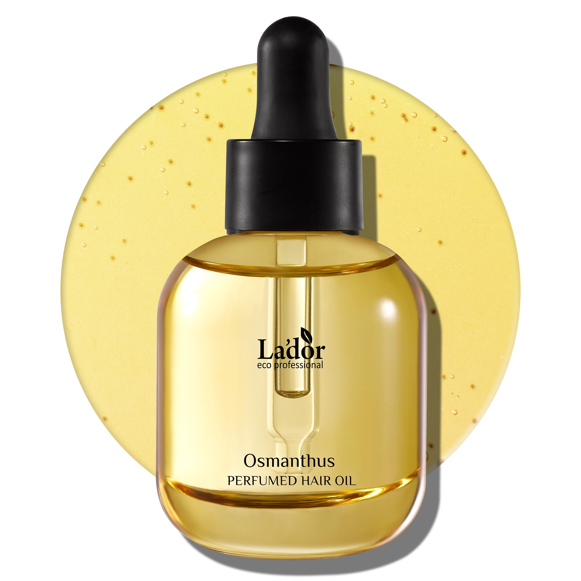 LA'DOR bottle front packaging showing Osmanthus hair perfume oil benefit shine