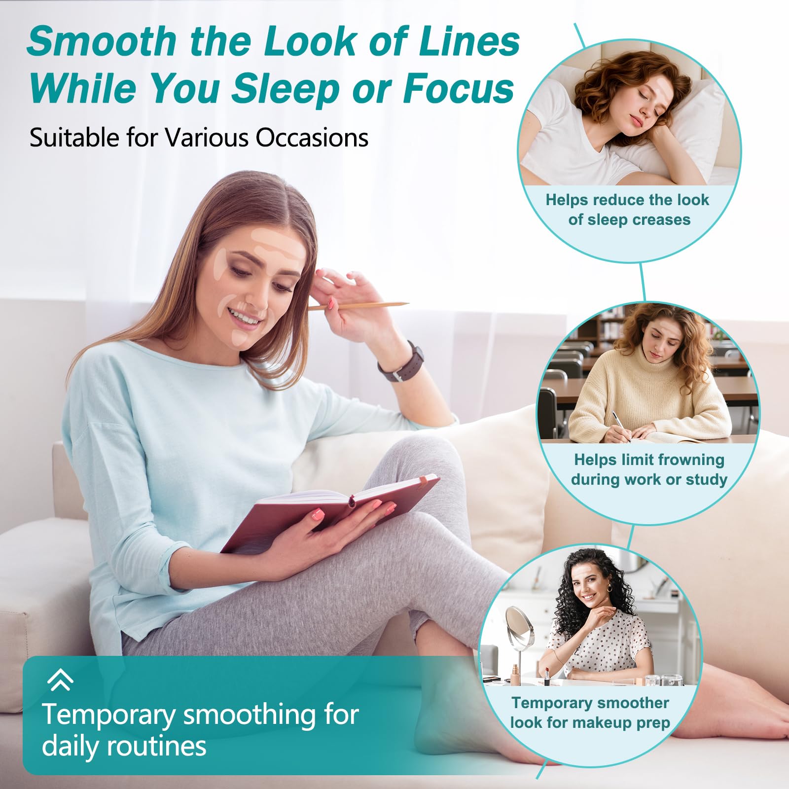 LadPemo patches applied to forehead demonstrating discreet smoothing effect