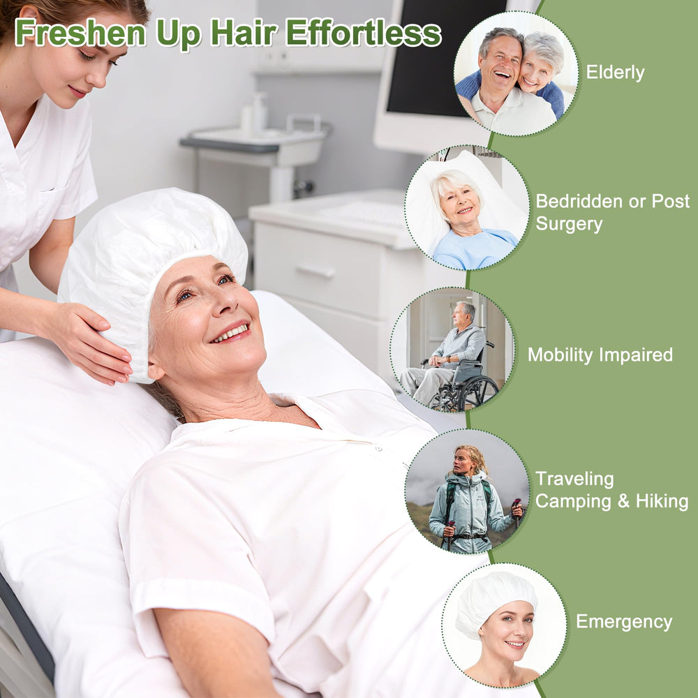 Caregiver using Lajowia cap on a bedridden patient showing safe, comfortable hair wash