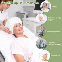 Caregiver using Lajowia cap on a bedridden patient showing safe, comfortable hair wash