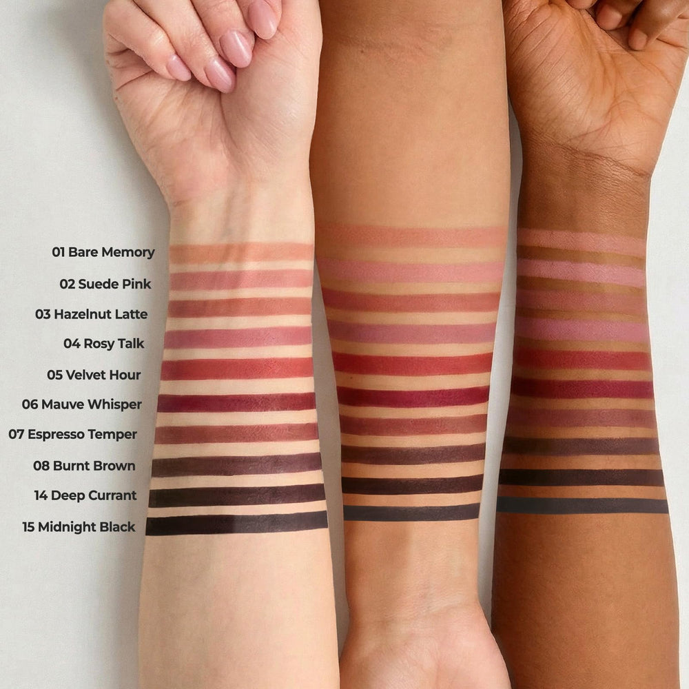 Texture swatch of Velvet Hour on arm highlighting Laka’s soft matte payoff and blendable finish