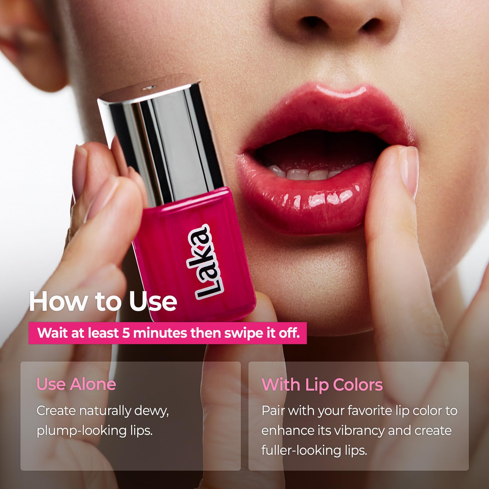 Laka on model in natural light showing fuller-looking lips benefit