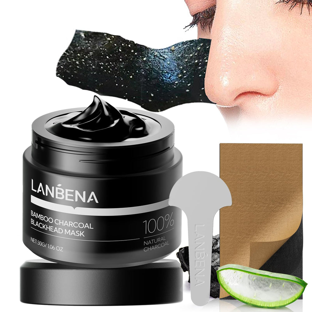 LANBENA front packaging showing charcoal nose strip box and benefits