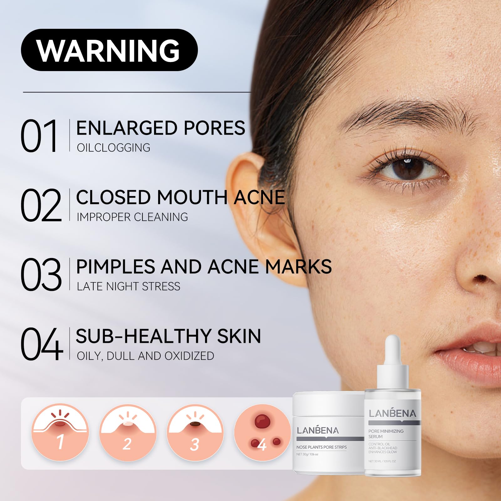 LANBENA pore minimizing serum bottle detail showing applicator and compact size