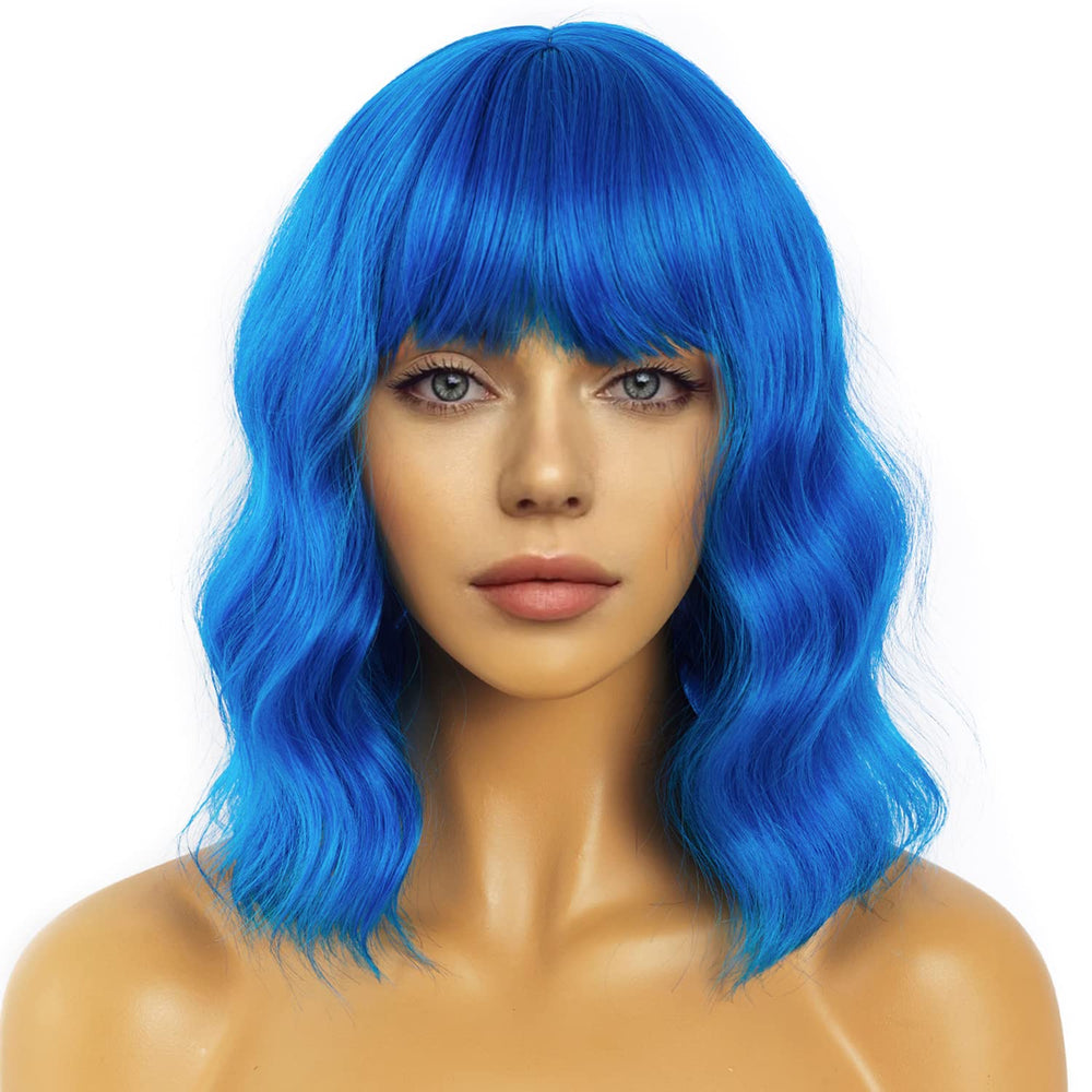 LANCAINI front view of blue bob wig showing natural-looking waves and color