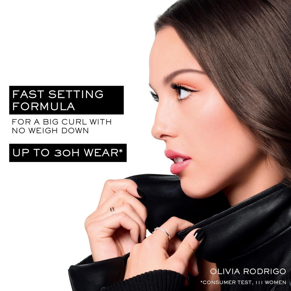 Lancôme model showing before and after for lifted, voluminous lashes