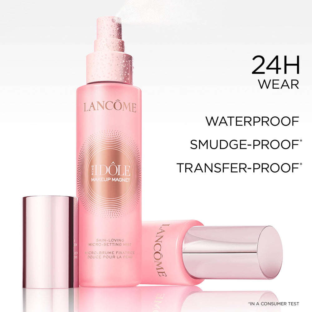 Lancôme misting on model’s face to demonstrate weightless, long-lasting hold