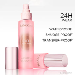 Lancôme misting on model’s face to demonstrate weightless, long-lasting hold