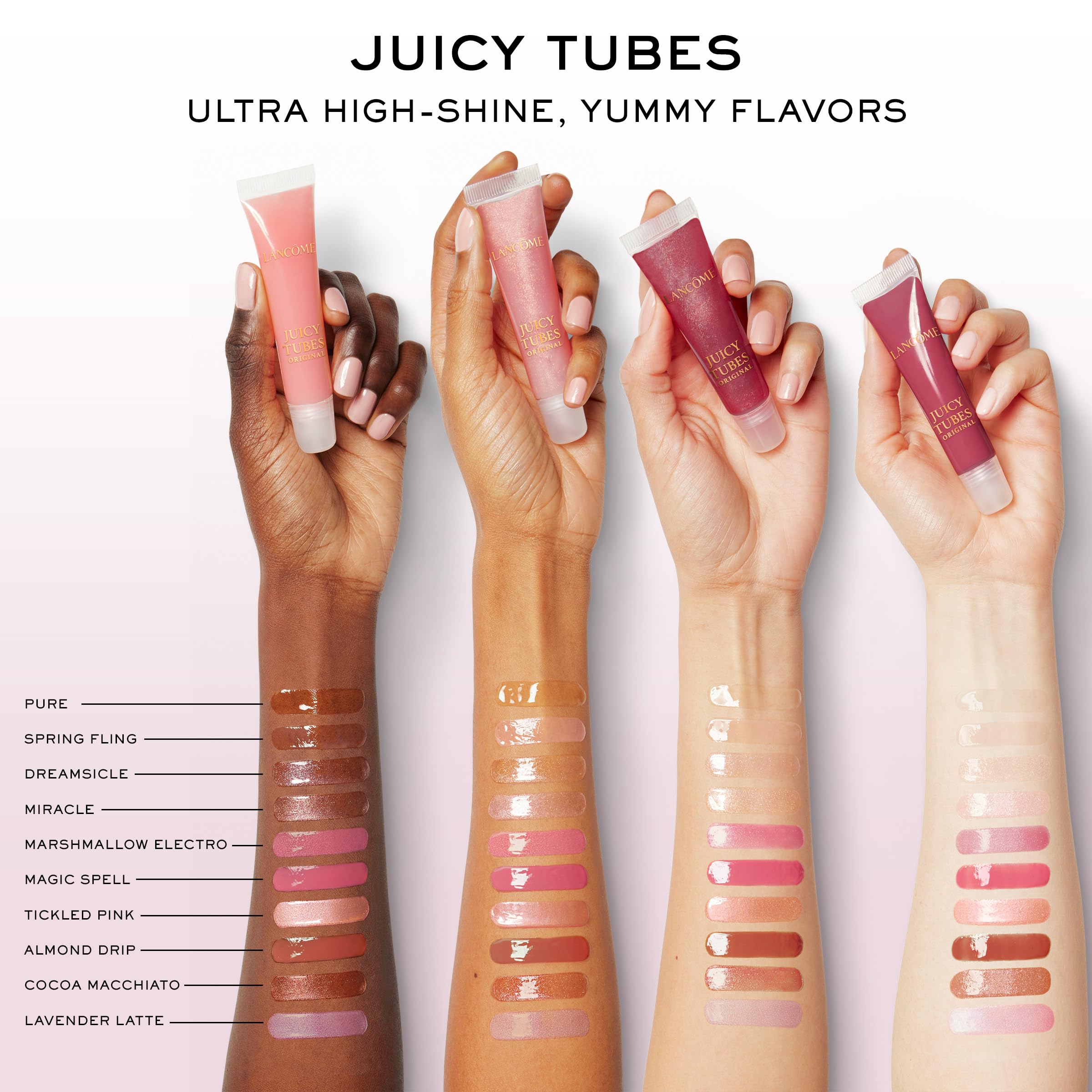 Lancôme gloss layered over lipstick showing intensified color and glassy topcoat