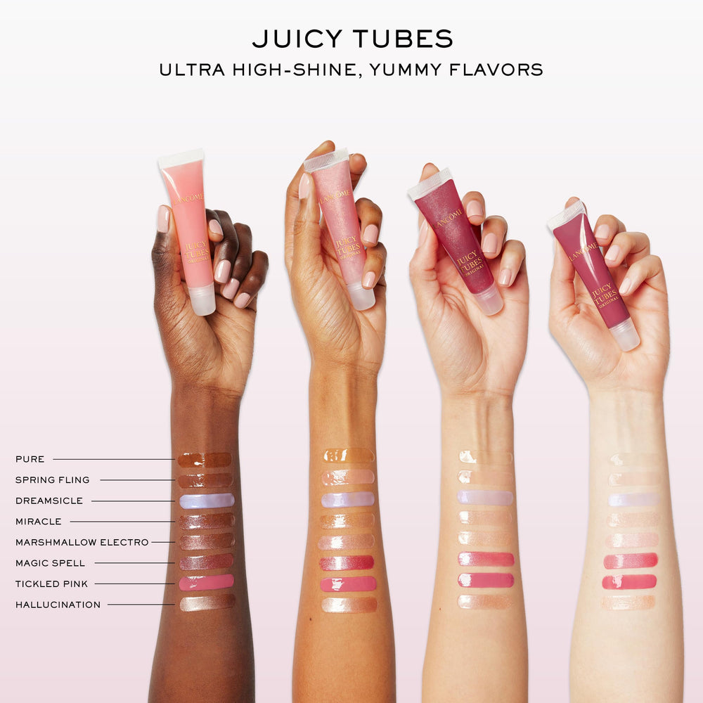 Lancôme Juicy Tubes worn on lips close-up, high-shine effect enhances smile