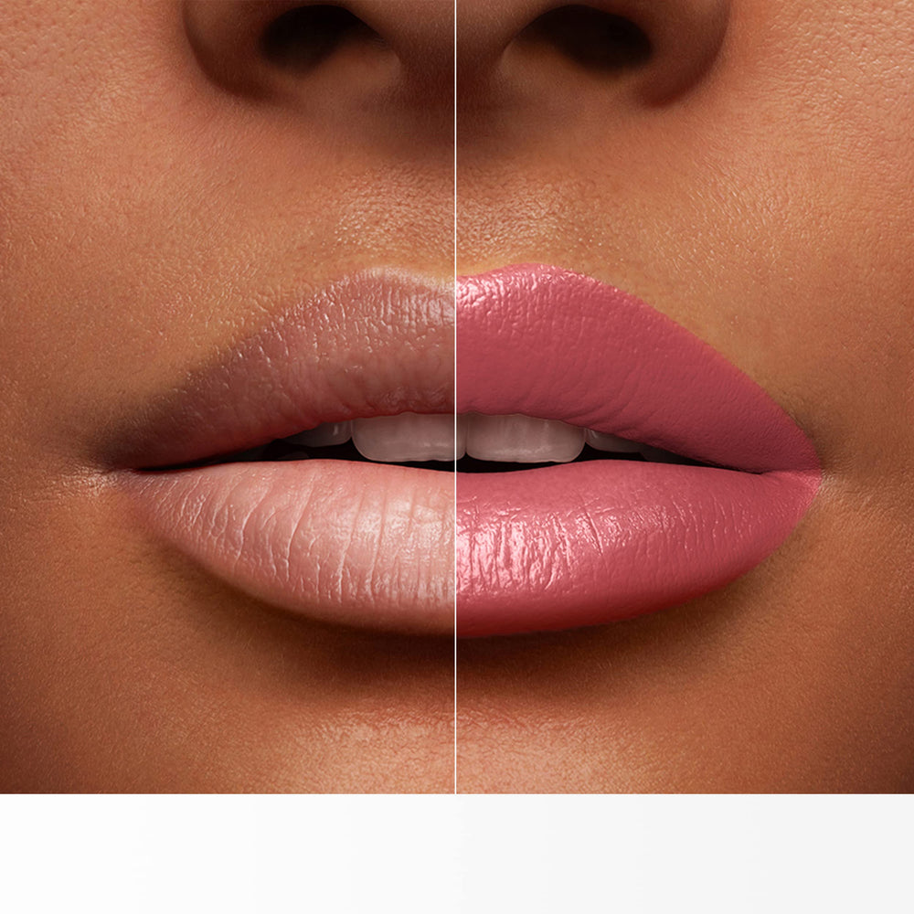 Lancôme lip swatch on model showcasing wearable pink shade