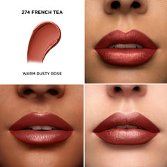 Lancôme lipstick open with angled bullet and creamy finish, showing easy application benefit