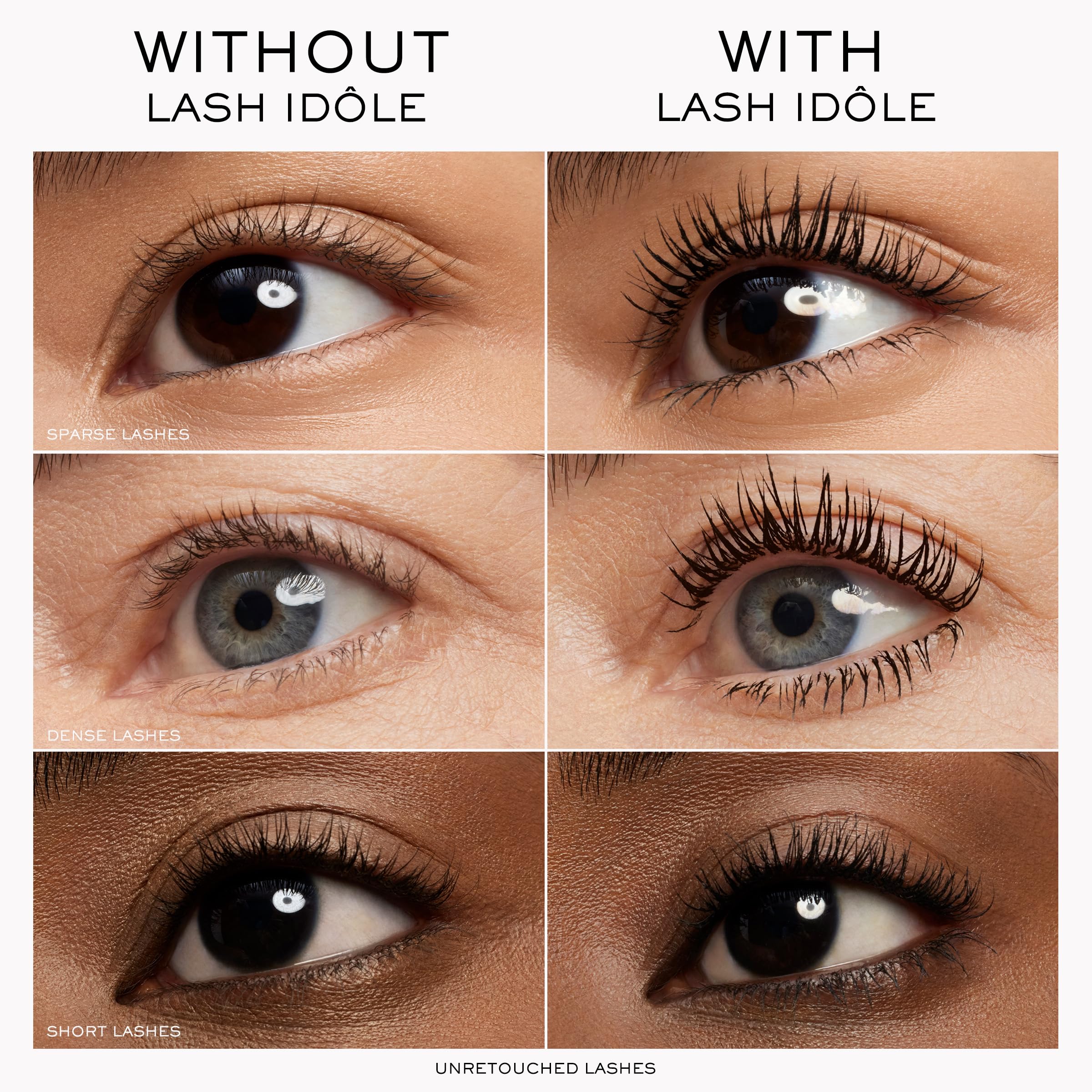Lancôme Lash Idôle application on model demonstrating lifted, fanned lashes for wide-eye effect benefit