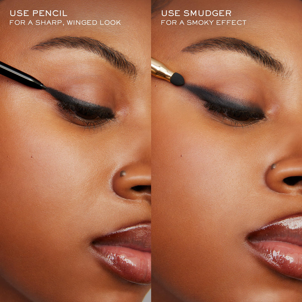 Lancôme pencil applied along upper lashline in Ruby Fever for defined, longwear finish