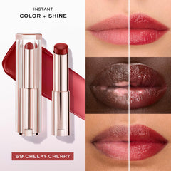 Lancôme Cheeky Cherry swiped on lips demonstrating glossy buildable color