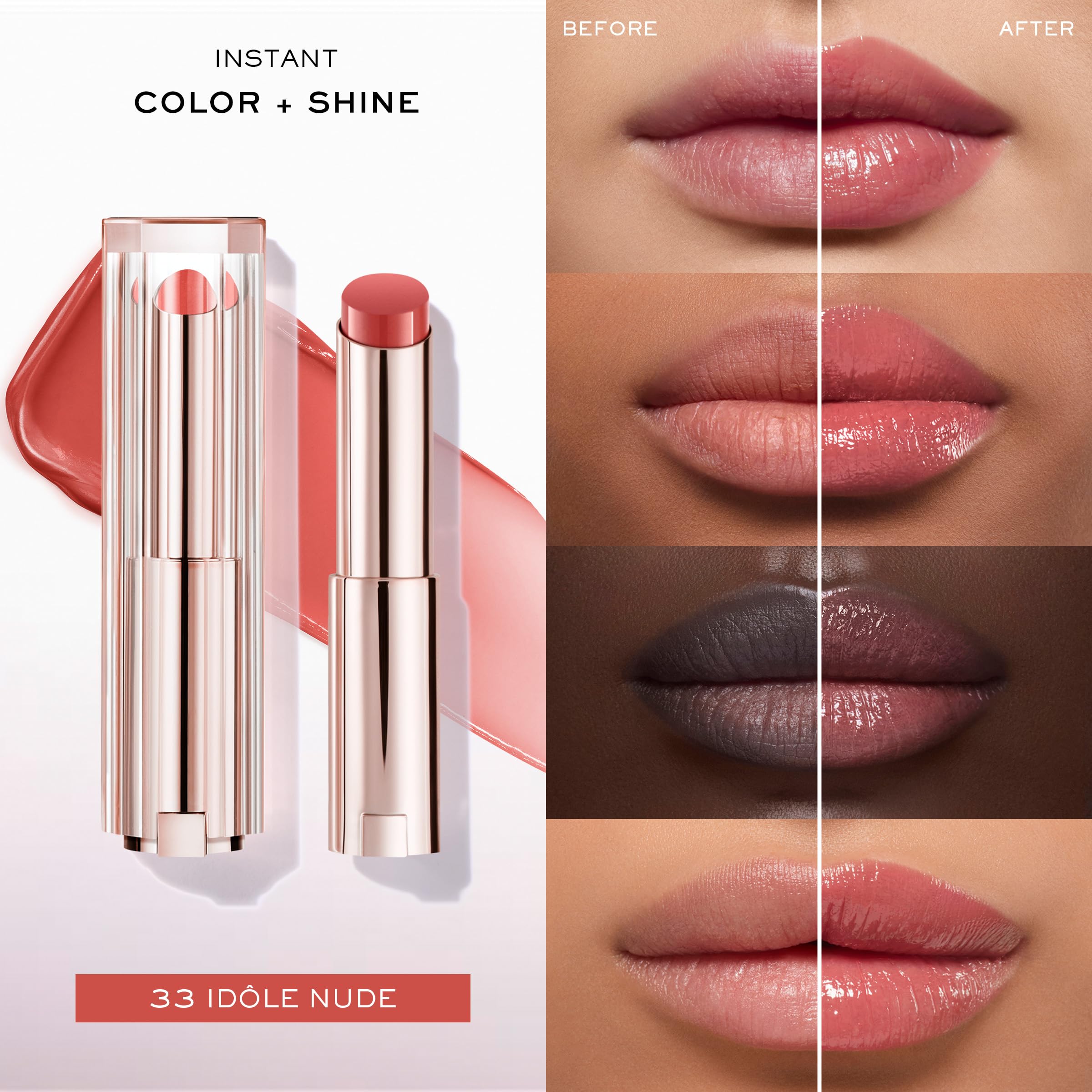 Lancôme close-up of balm texture highlighting creamy, non-sticky formula for smooth lips