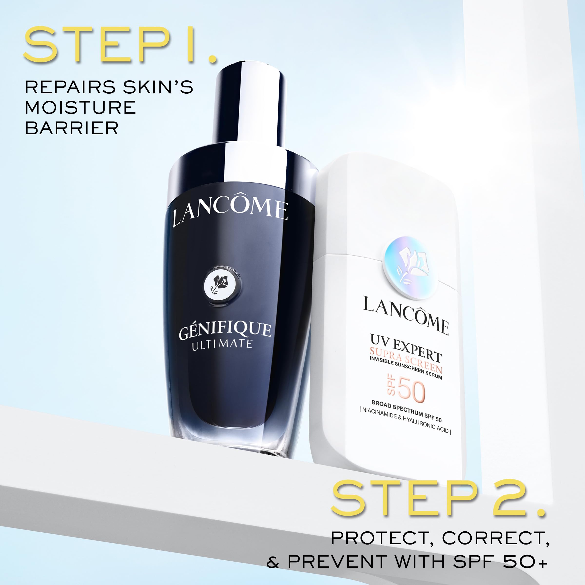 Lancôme lifestyle on bathroom counter showing daily routine ease