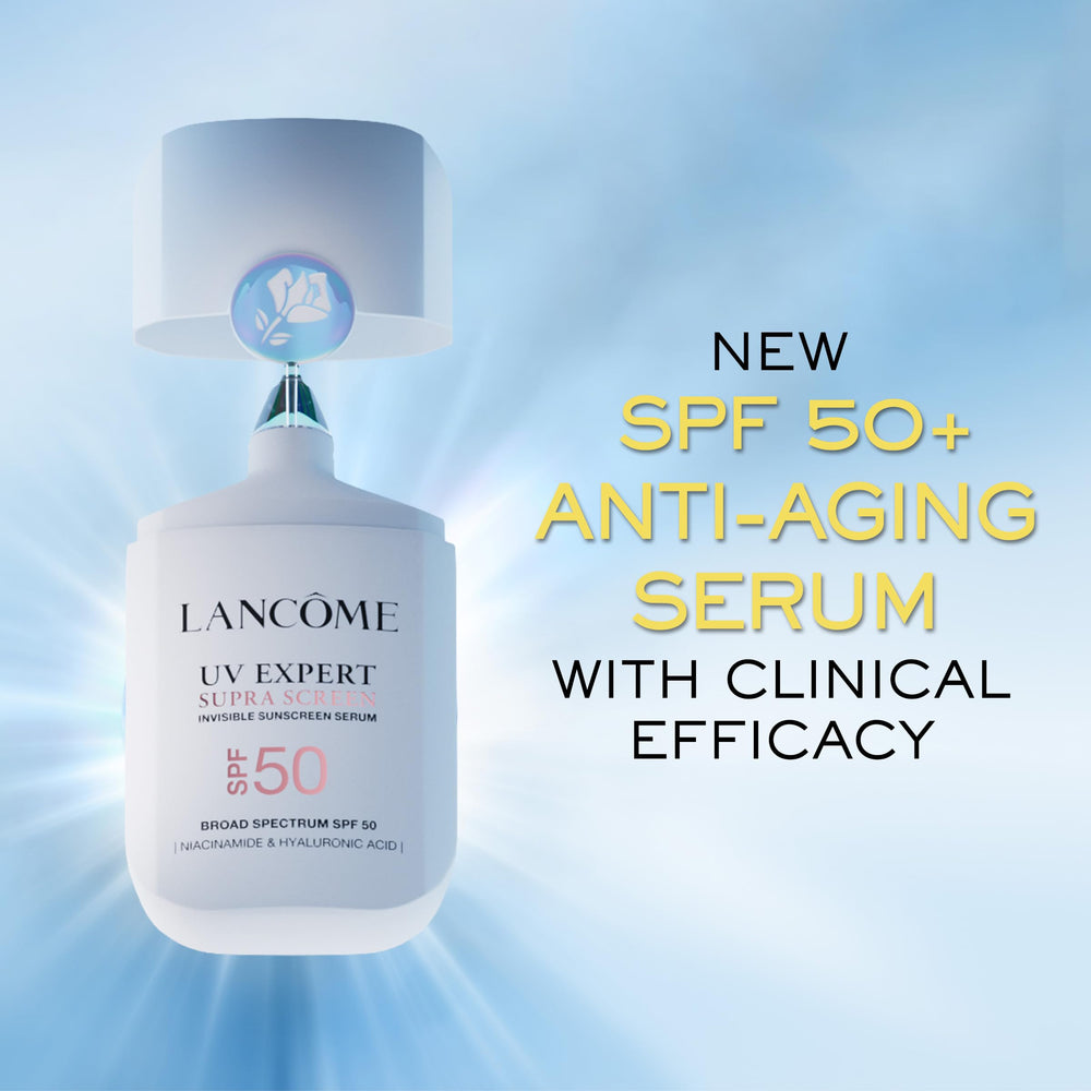 Lancôme tube close-up highlighting pump and lightweight design benefit