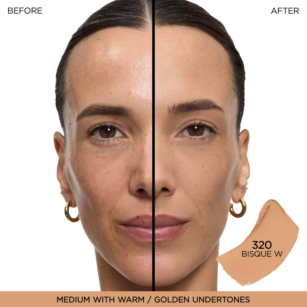 Lancôme stick cap and label close-up highlighting shade 320 Bisque Warm for precise choice