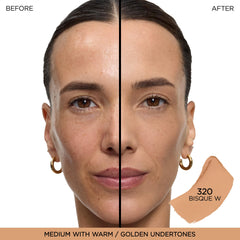 Lancôme stick cap and label close-up highlighting shade 320 Bisque Warm for precise choice