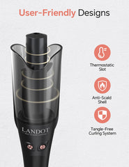 LANDOT curler in hand for scale showing compact size and travel convenience benefit