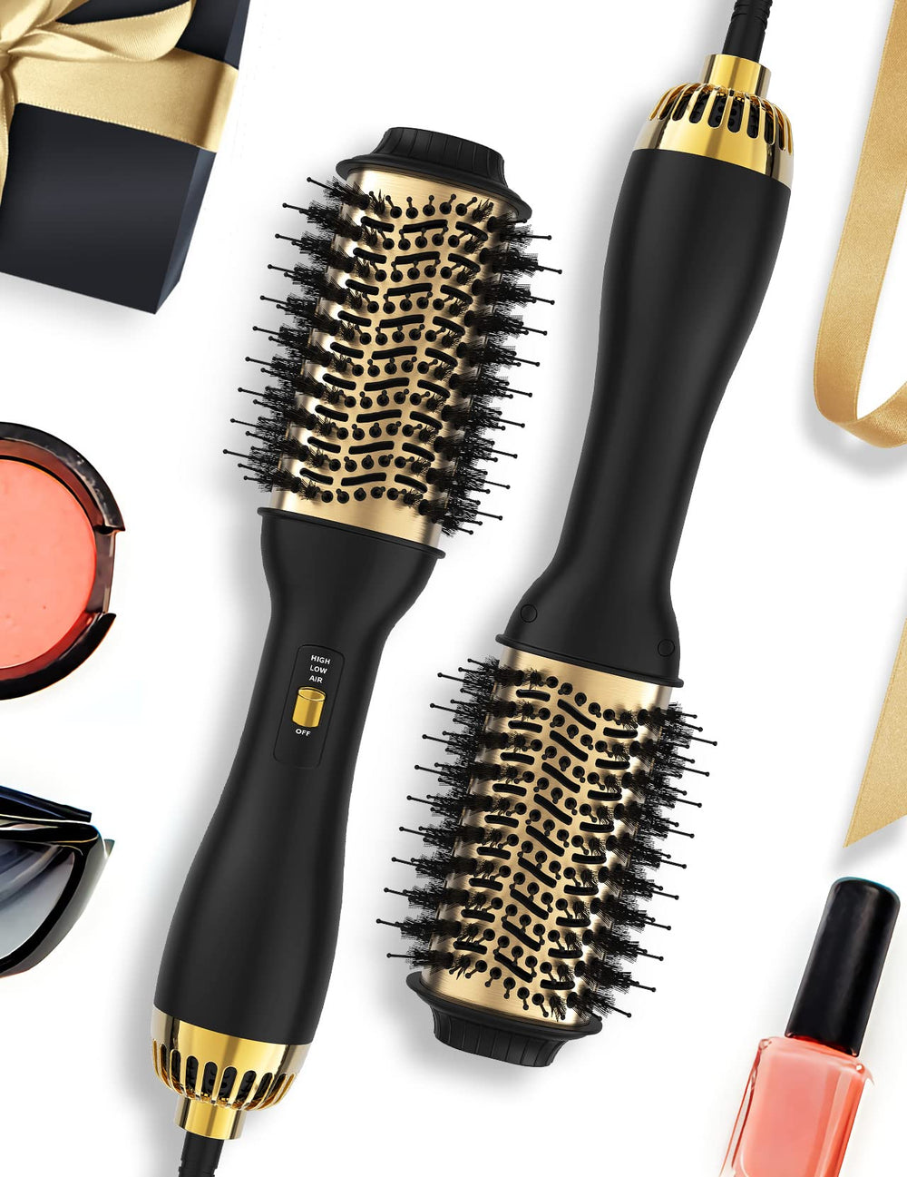 LANDOT front view of hair blow dryer brush showing compact kit and benefits