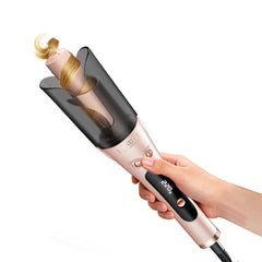 LANDOT front view of curling iron showing one-button auto wrap and ergonomic grip benefit