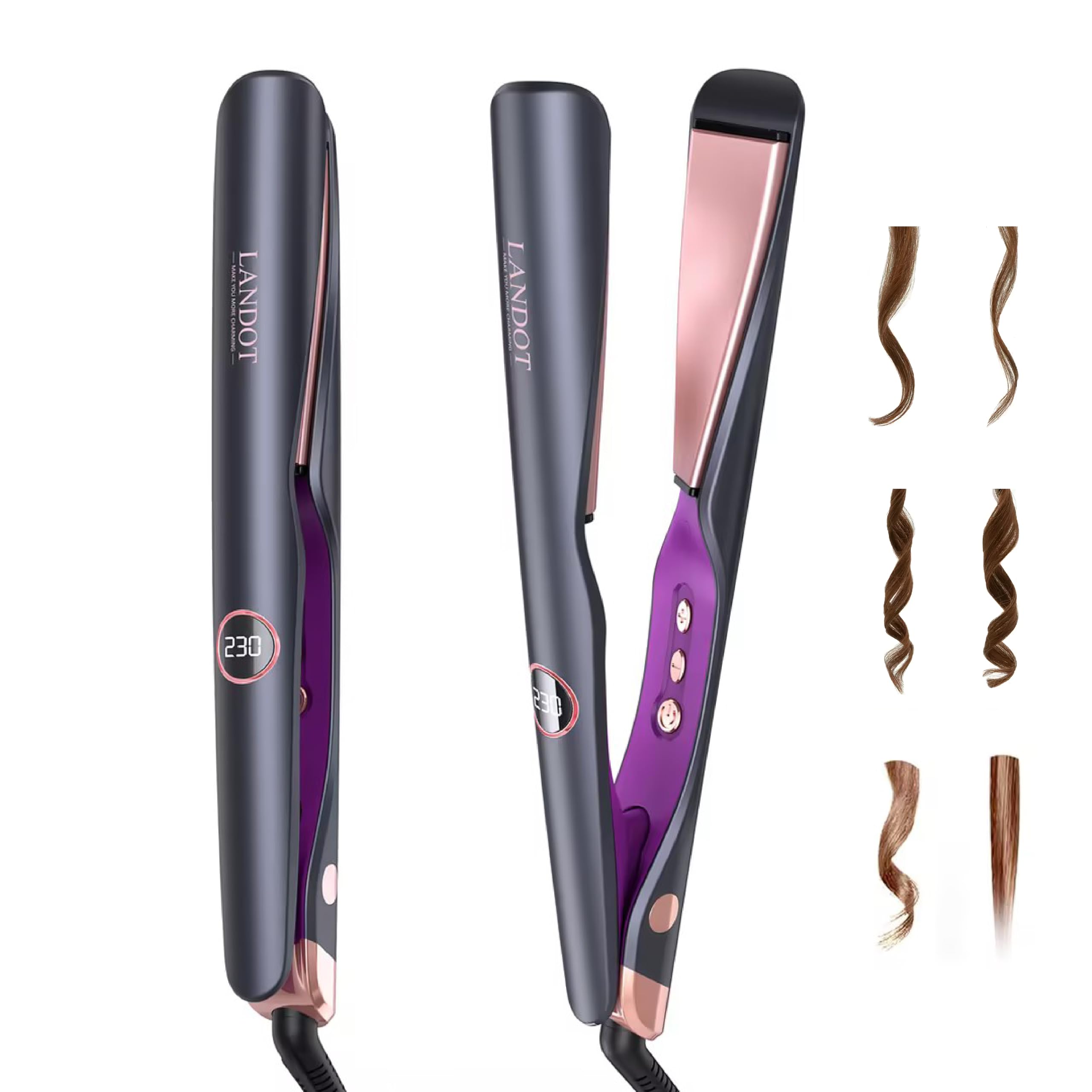 LANDOT front view of 2-in-1 straightener curler showing sleek design and versatility