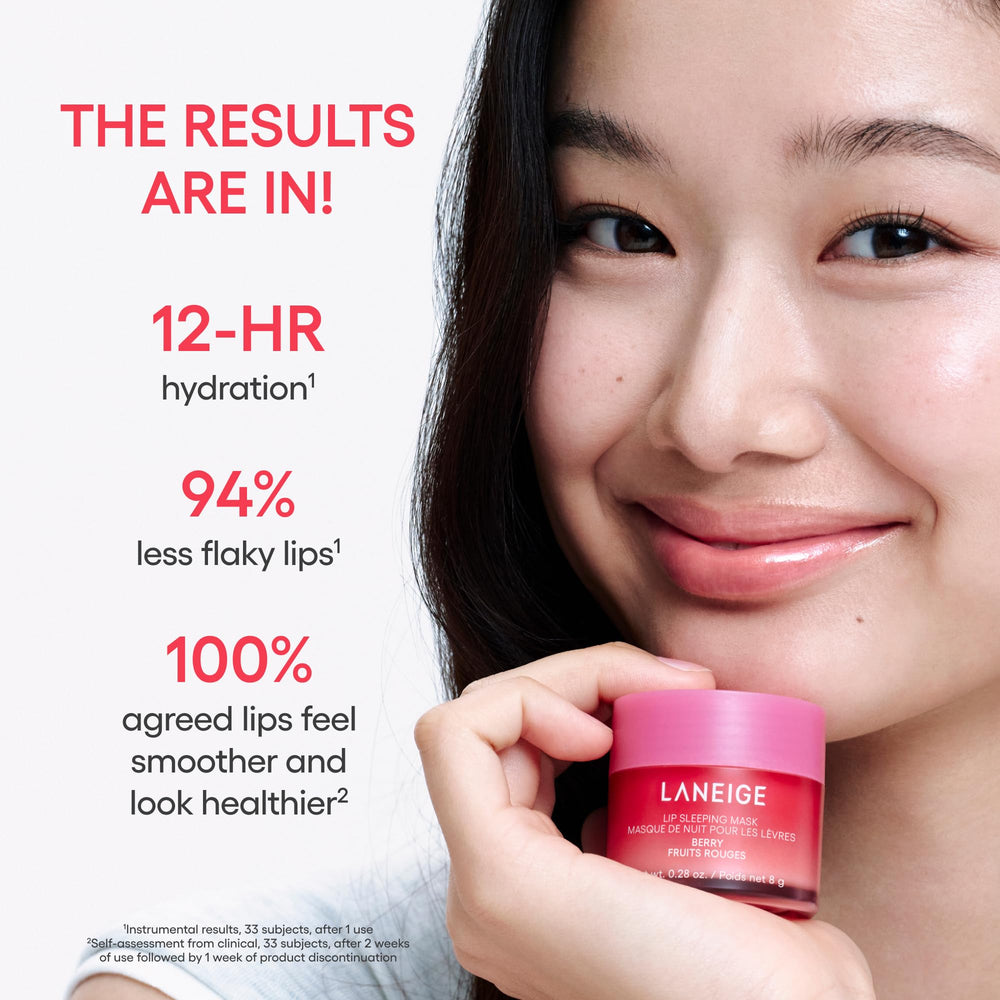 LANEIGE jar beside mango and acai berries conveying natural-scent inspiration and antioxidant support
