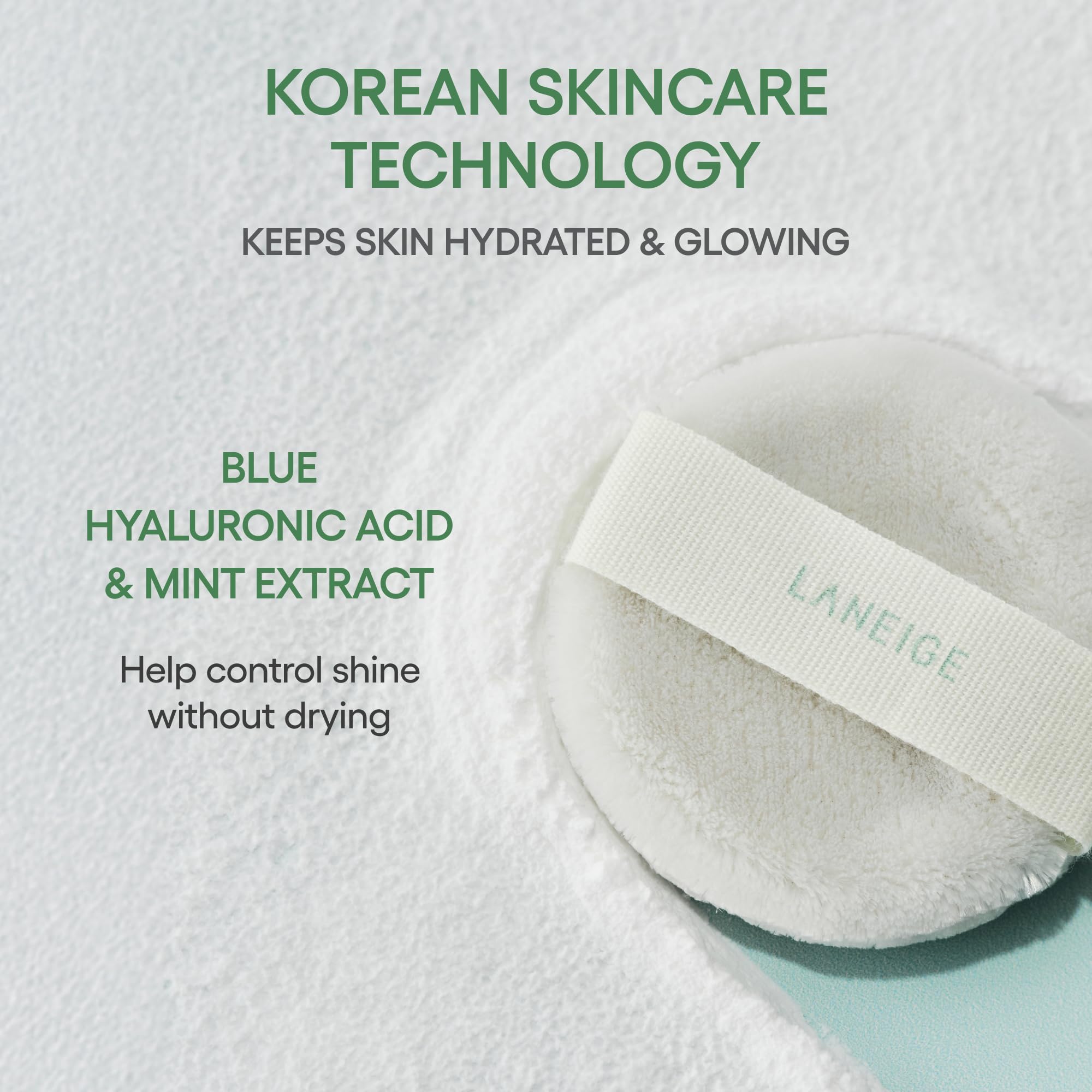 LANEIGE velvet puff detail emphasizing gentle application and controlled pickup