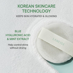 LANEIGE velvet puff detail emphasizing gentle application and controlled pickup