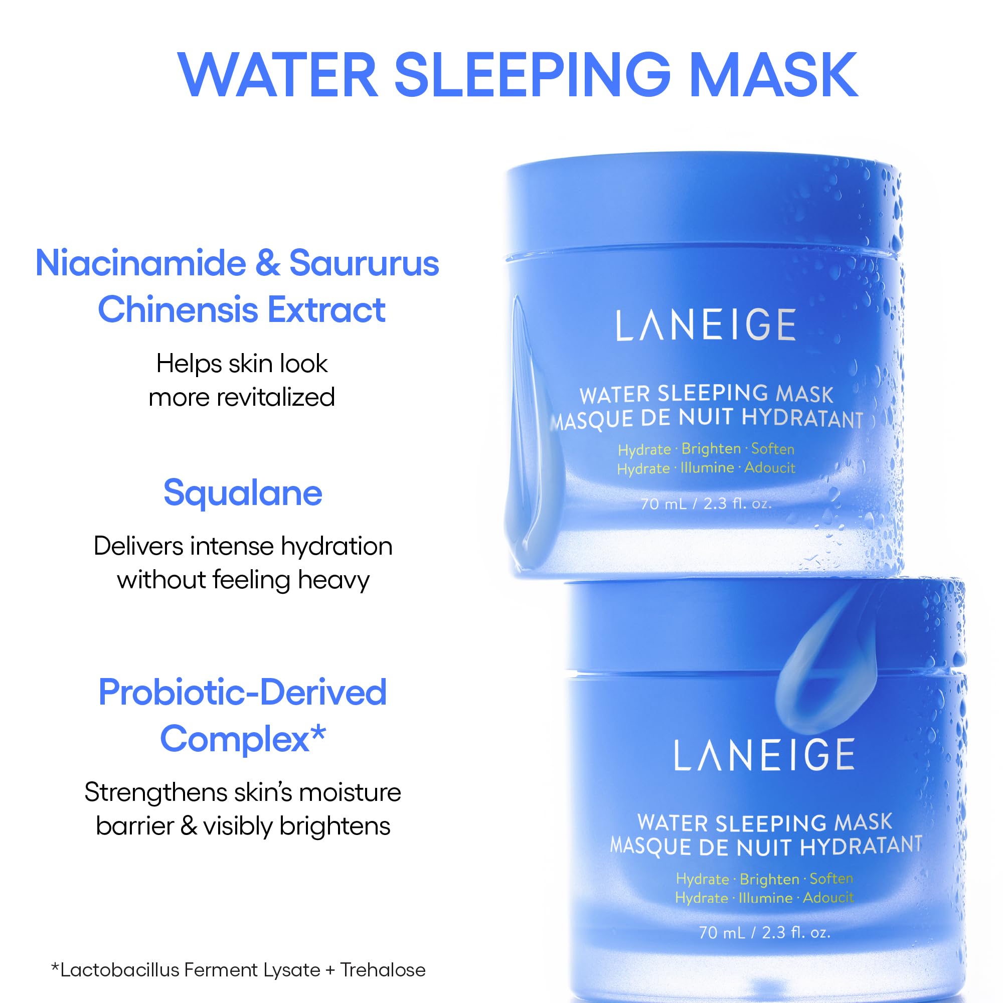 LANEIGE Water Bank Cream swipe showing dewy finish and long-lasting moisture