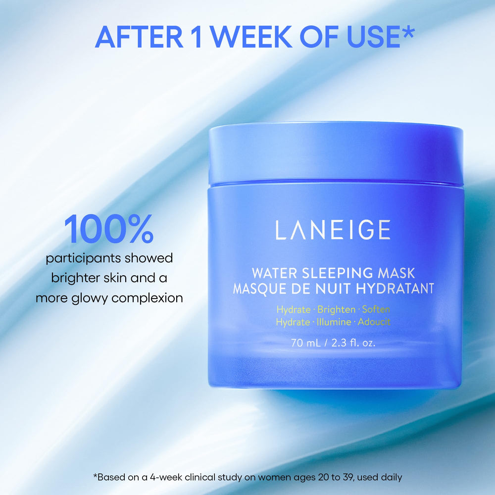 LANEIGE Water Sleeping Mask before and after demonstrating improved skin radiance