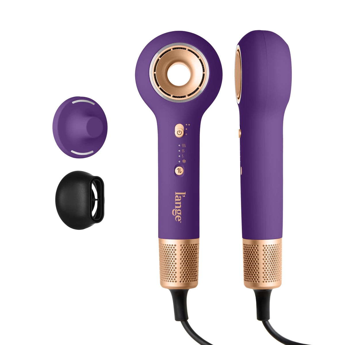 L'ANGE HAIR Axia HaloRing front view showing sleek purple body and nozzle, delivering salon power
