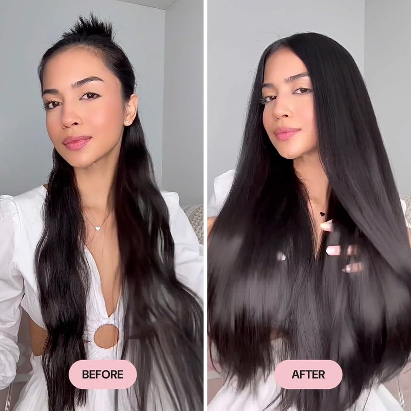 L'ANGE HAIR before and after frizz control showing smoother, more manageable hair benefit