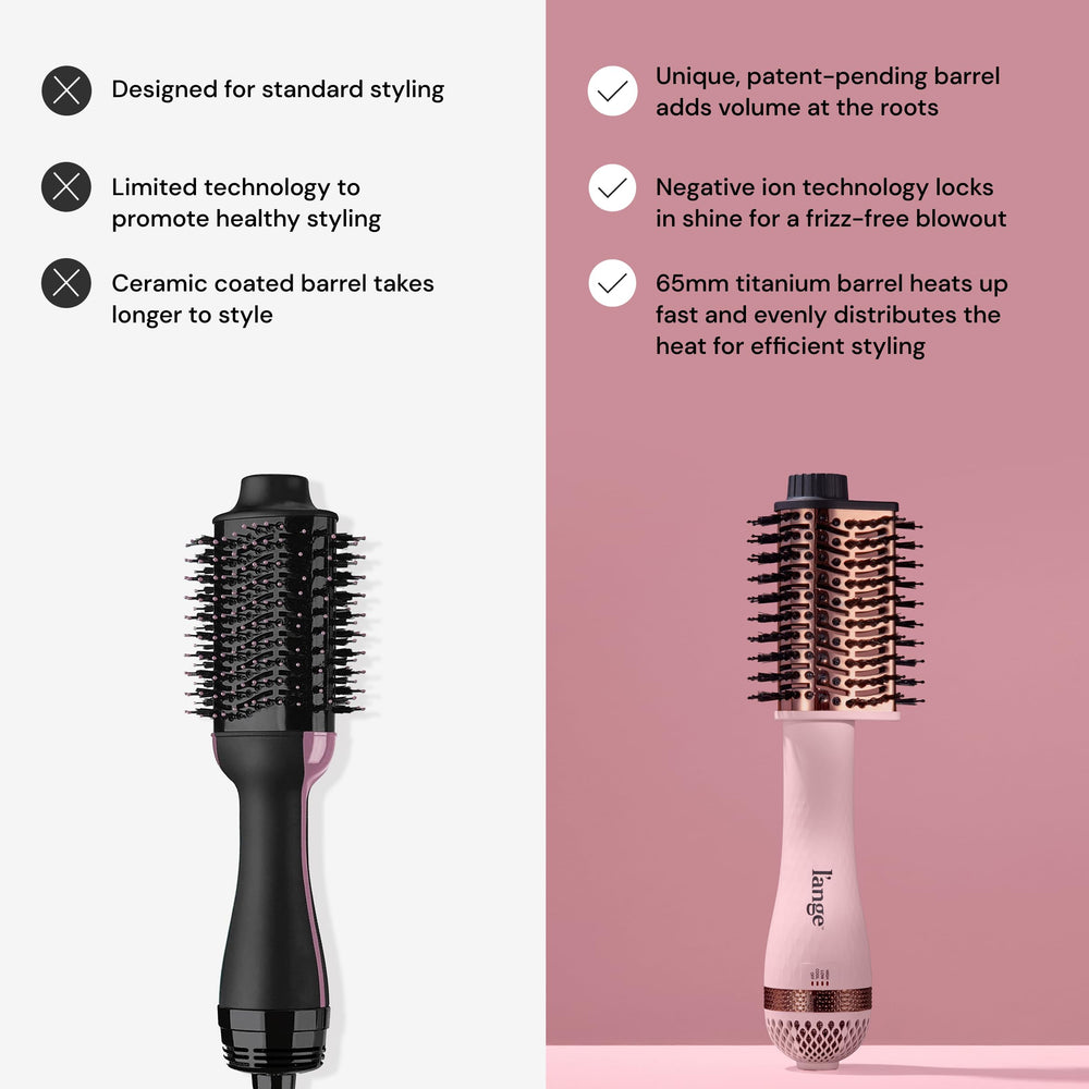 L'ANGE HAIR brush dryer in use styling long hair demonstrating faster drying and voluminous results