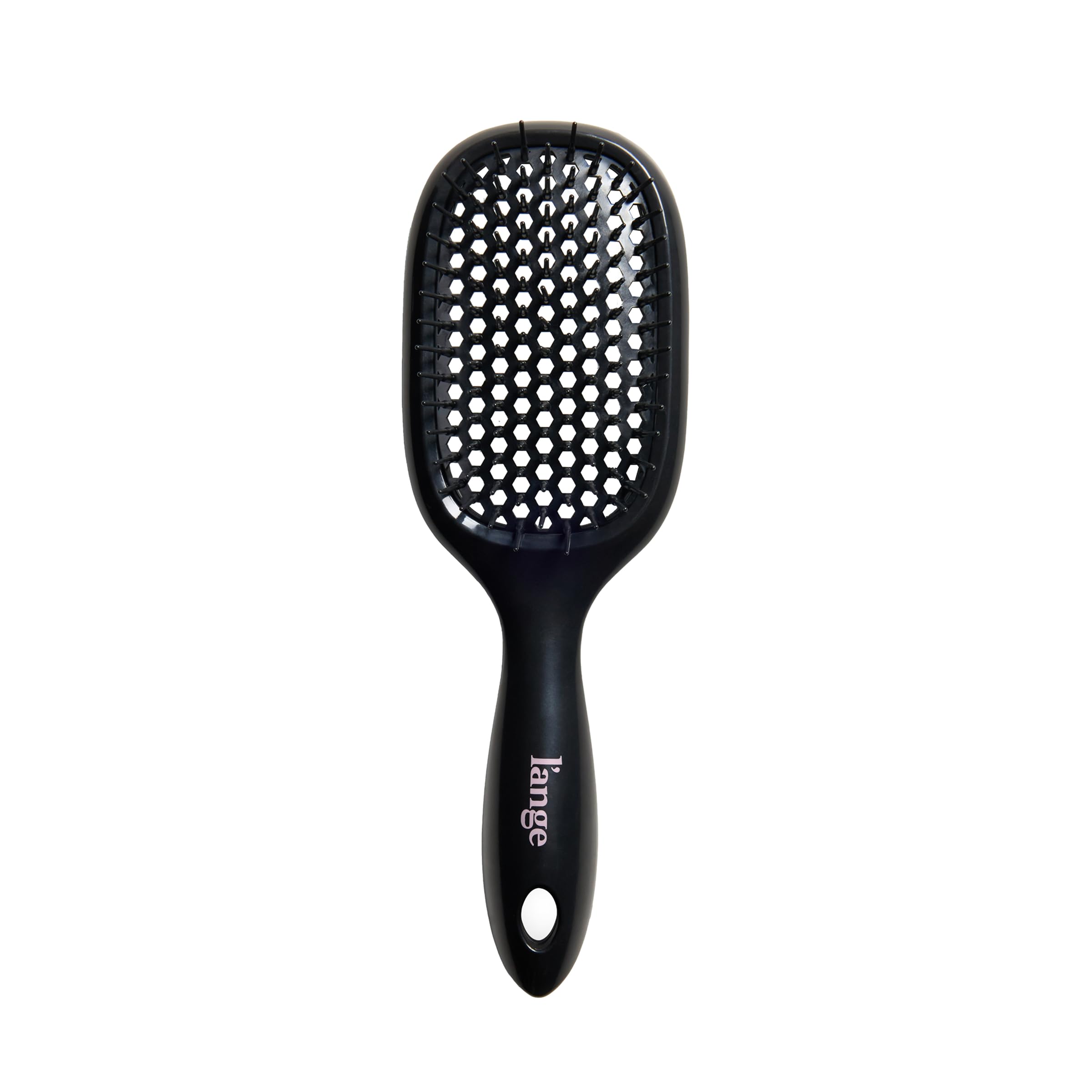 L'ANGE HAIR brush held in hand to show compact size and comfortable control