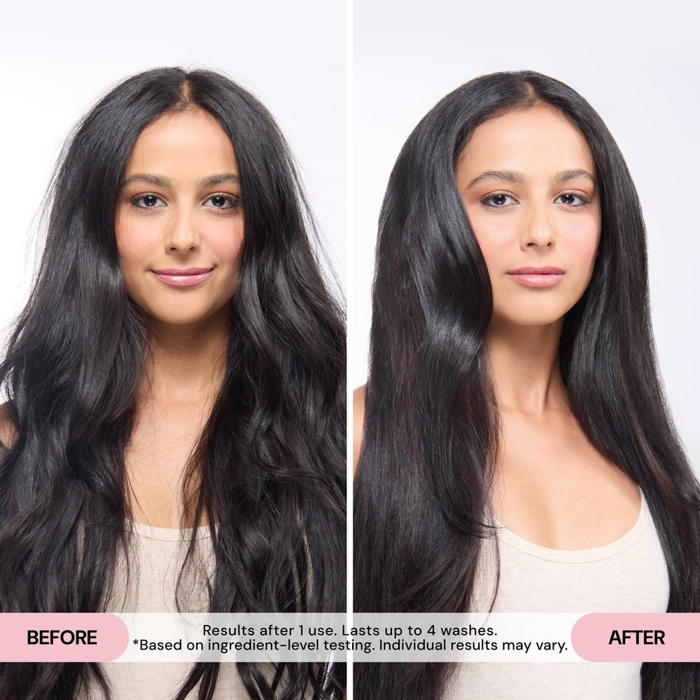 L'ANGE HAIR before and after hair comparison showing reduced frizz and shine
