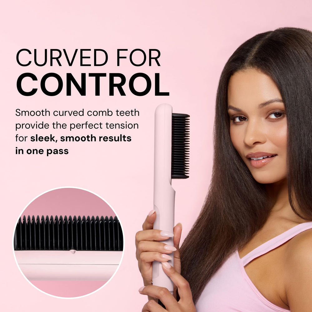 L'ANGE HAIR SteamSmooth held in hand to show compact scale and travel convenience benefit