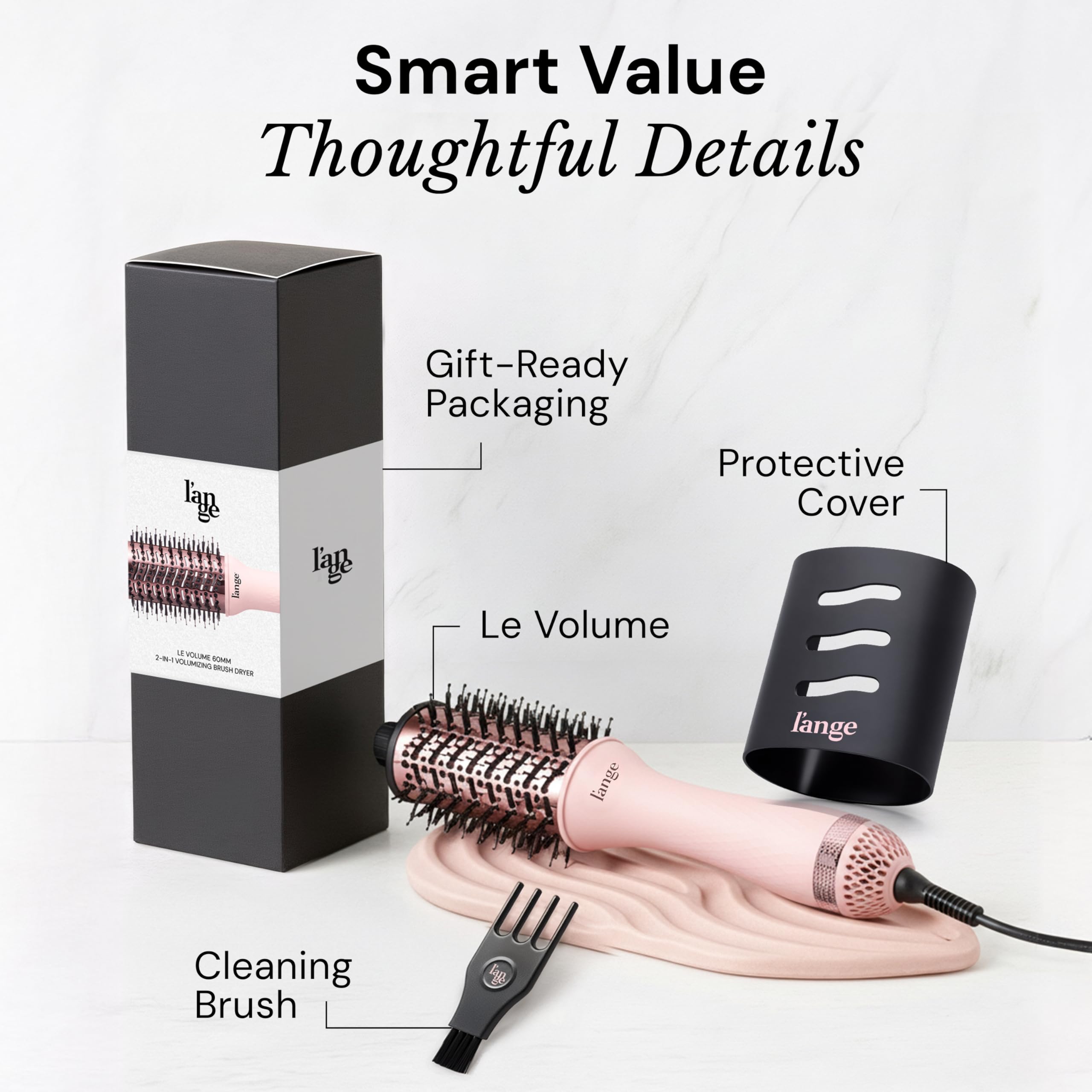 L'ANGE HAIR placed on bathroom counter lifestyle shot showing salon results at home benefit