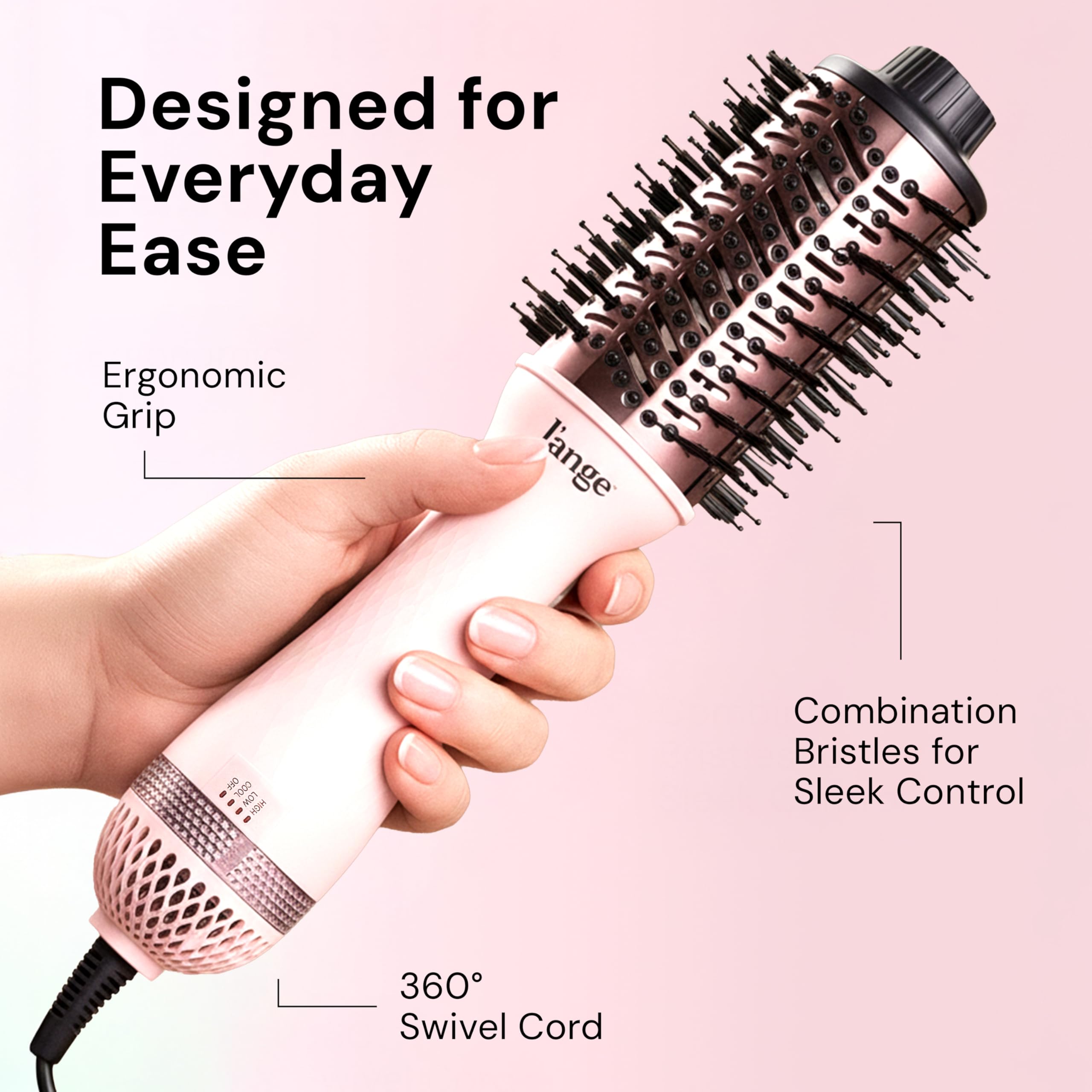 L'ANGE HAIR size comparison with hand showing compact, lightweight travel-friendly benefit