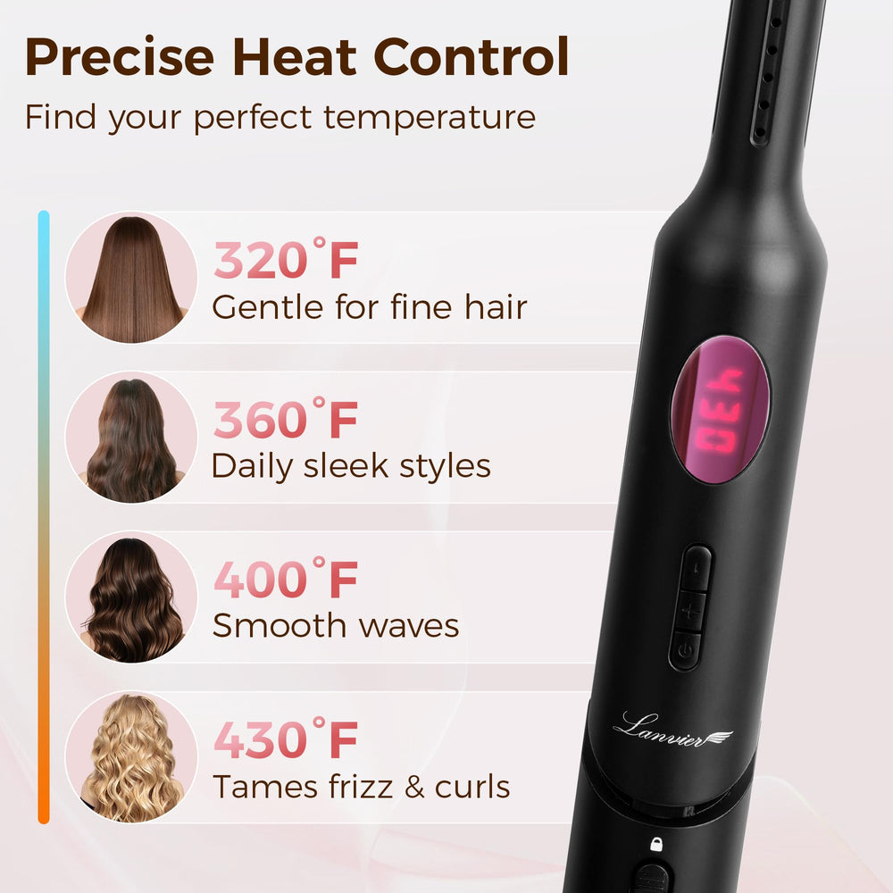 LANVIER LCD display and buttons showing temperature settings and memory function benefit