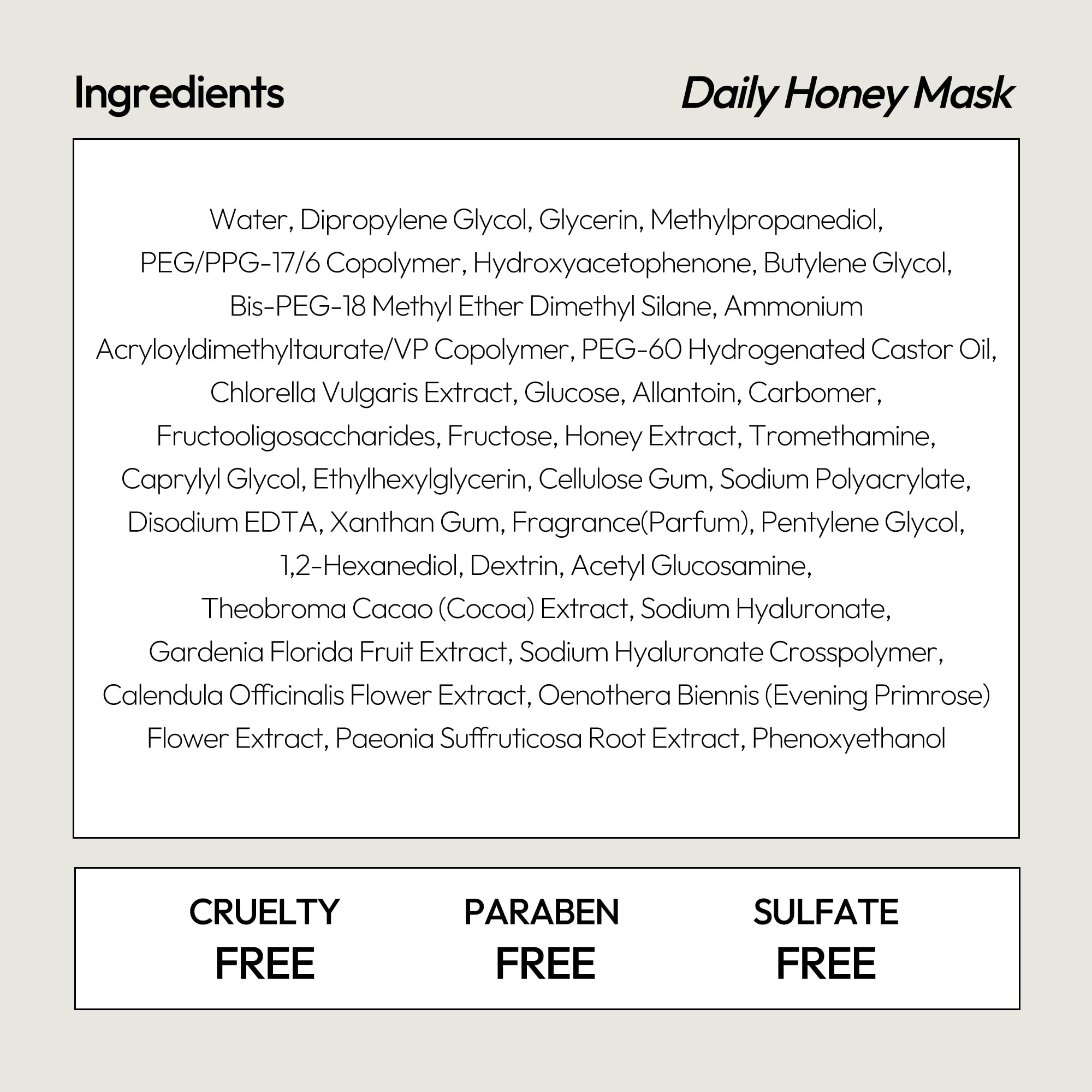 LAPCOS ingredients label highlighting honey, hyaluronic acid, and calendula benefits