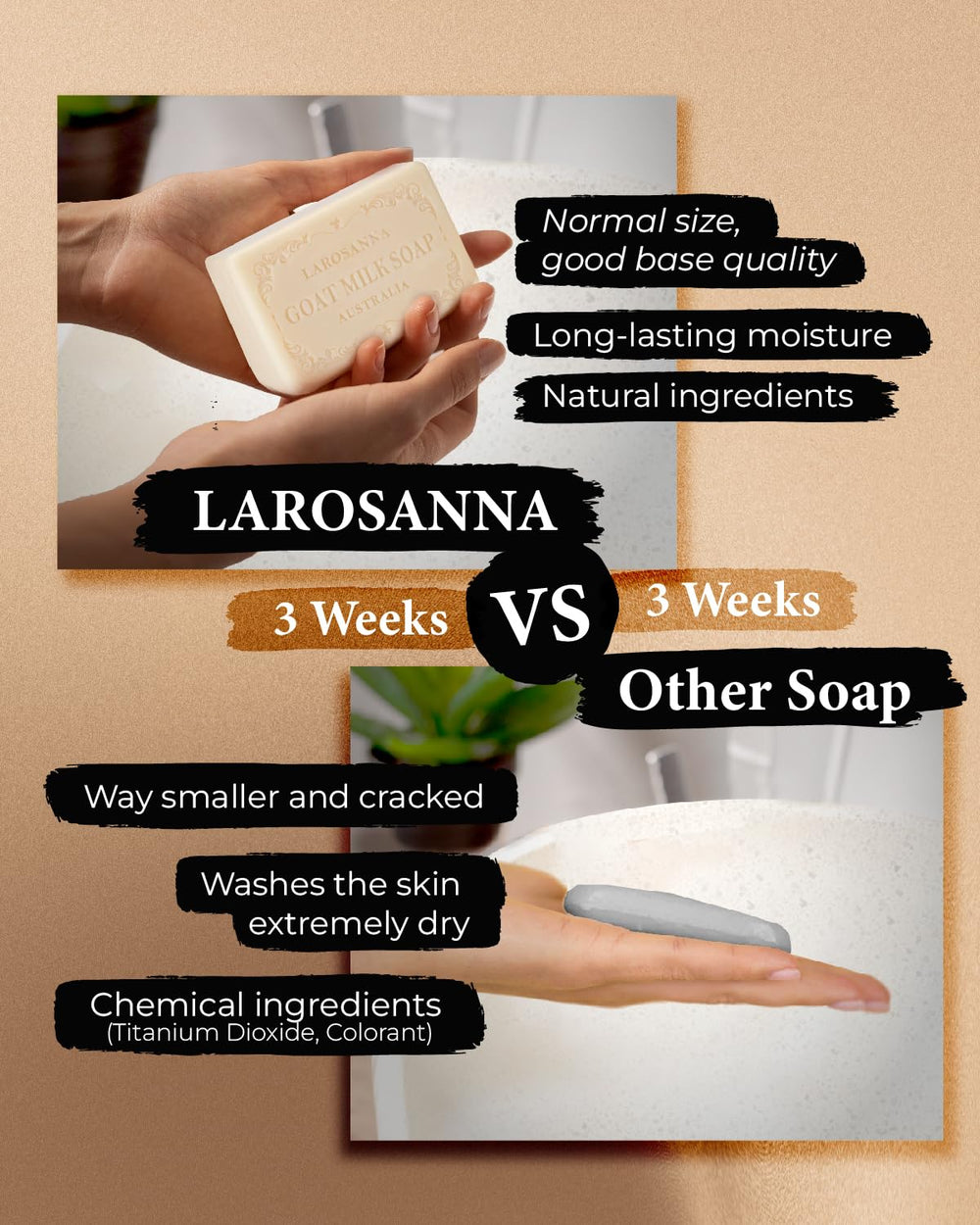 larosanna soap next to ruler showing 9.1×6×3 cm size for scale
