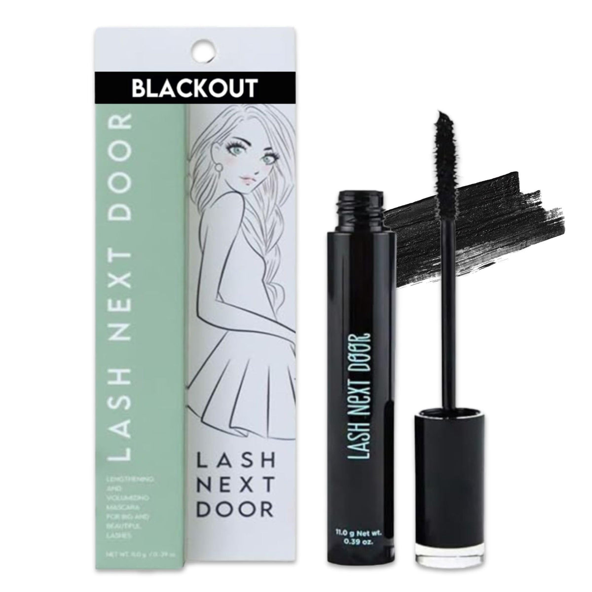 Lash Next Door tube front showing sleek packaging and bold black finish