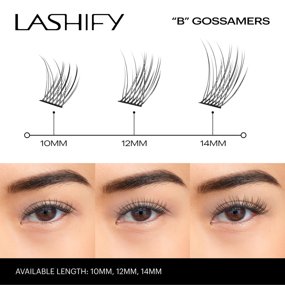 Lashify Gossamer applied on eye demonstrating natural volumizing effect and lift